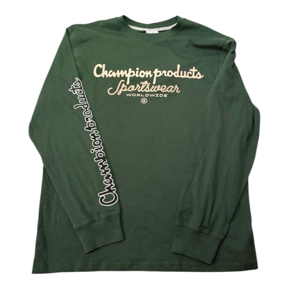 Champion Long Sleeve Graphic Tee Dark Green Logo Sleeve Mens M NWT